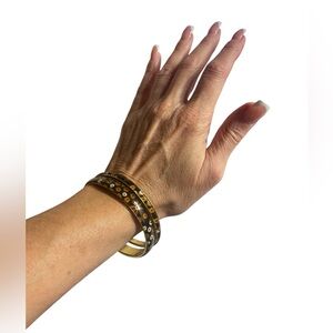 Enameled Gold Tone Bangles with Floral & Geometric Design